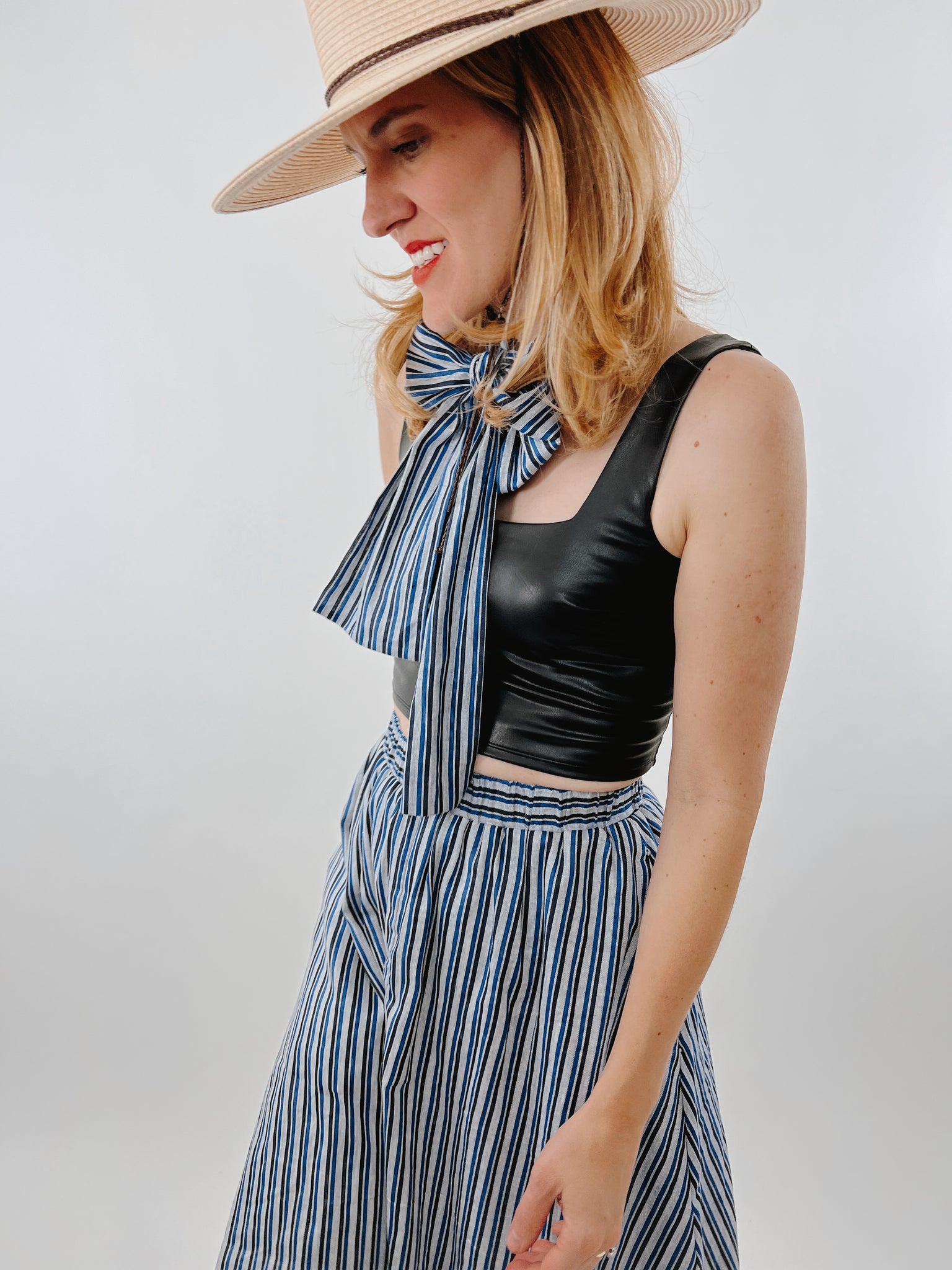 Blue Stripe Skirt - Short Midi