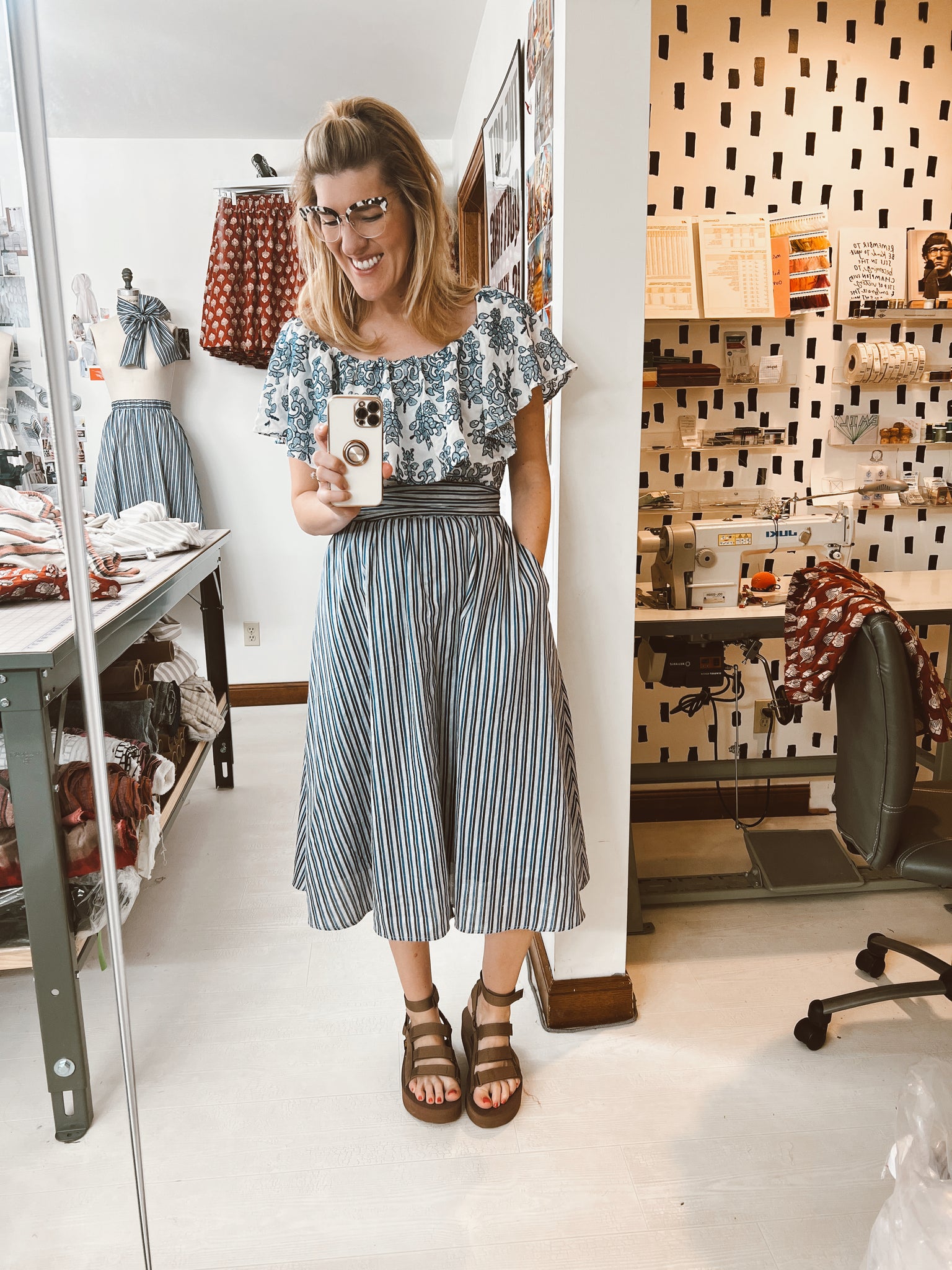 Blue Stripe Skirt - Short Midi