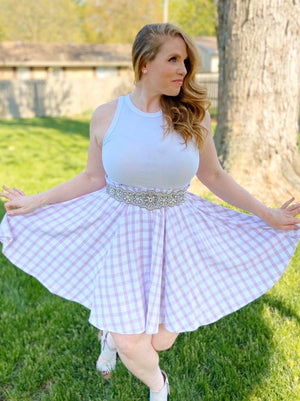 Lavender Grid Skater Skirt - Long Mini