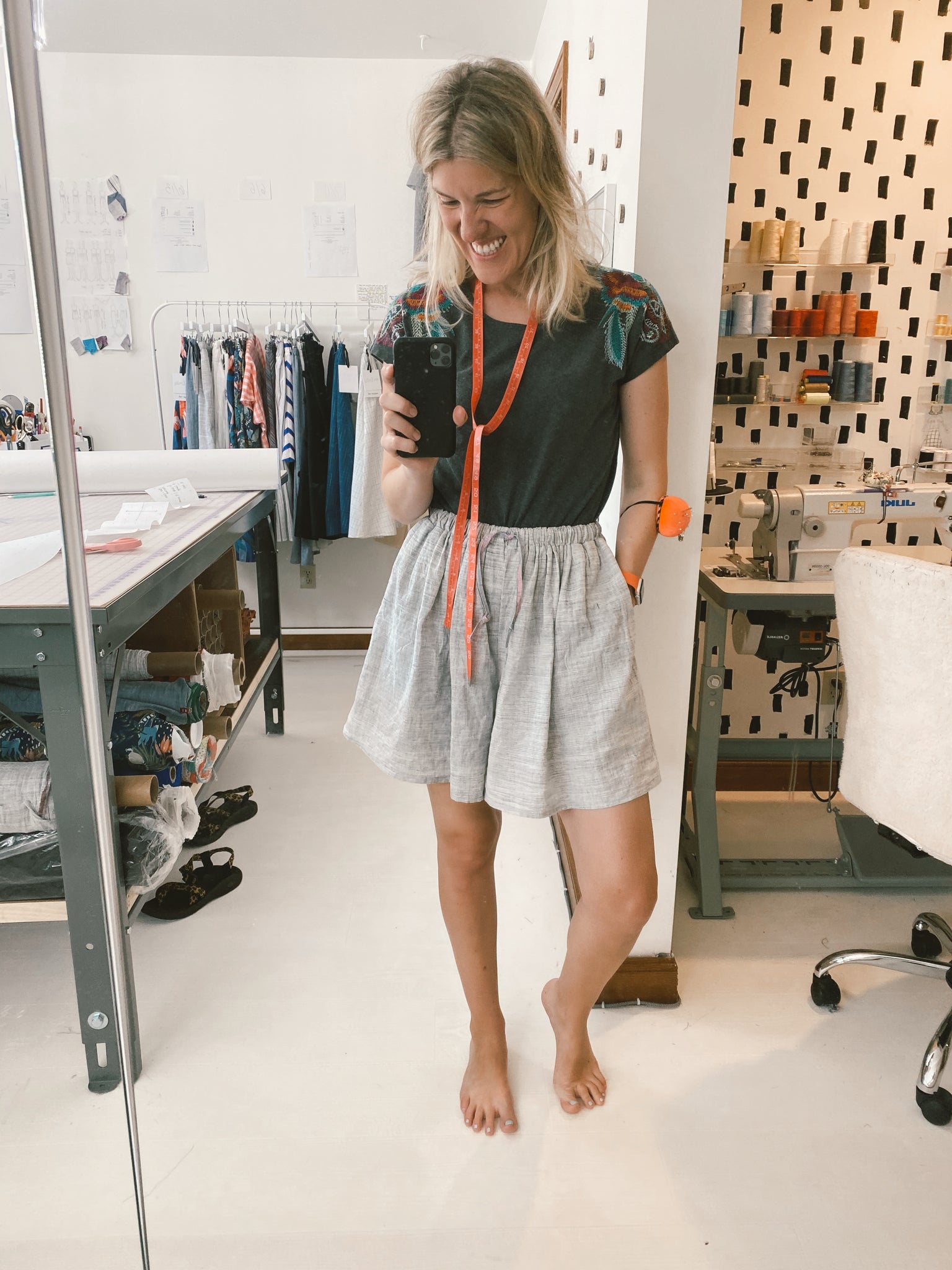 Bangladesh Grey Stripe Split Skirt - Long Mini